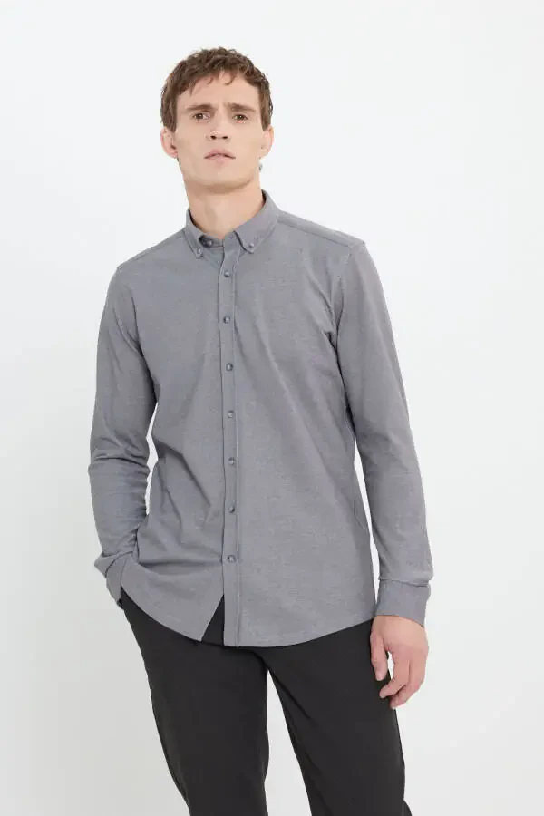 Cotton Slim Fit Narrow Cut Button-Down Collar Shirt - 4