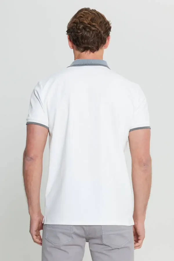Cotton Slim Fit Narrow Cut Polo Neck Stretch White T-shirt - 1
