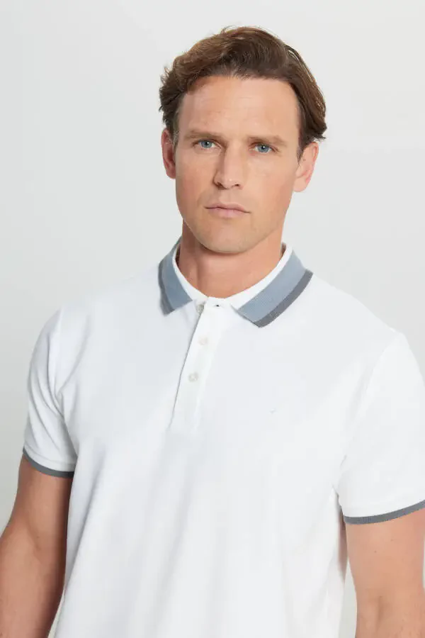 Cotton Slim Fit Narrow Cut Polo Neck Stretch White T-shirt - 2