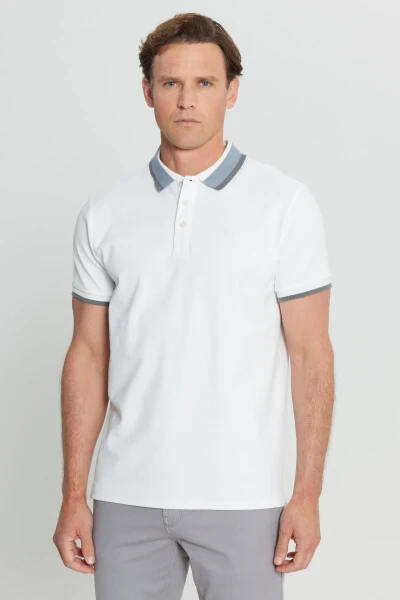 Cotton Slim Fit Narrow Cut Polo Neck Stretch White T-shirt - 3