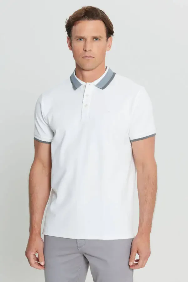 Cotton Slim Fit Narrow Cut Polo Neck Stretch White T-shirt - 3