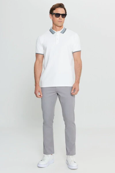 Cotton Slim Fit Narrow Cut Polo Neck Stretch White T-shirt - 4