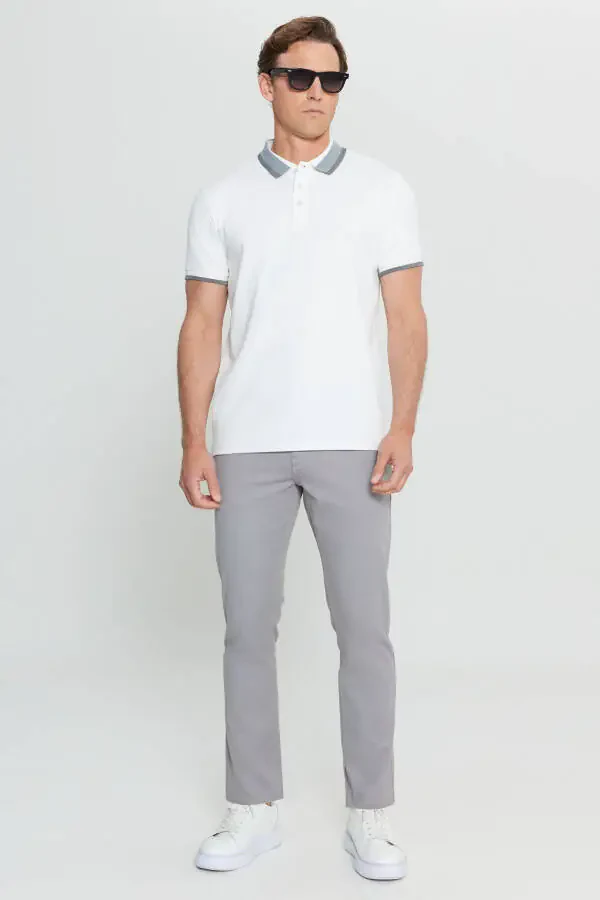 Cotton Slim Fit Narrow Cut Polo Neck Stretch White T-shirt - 4