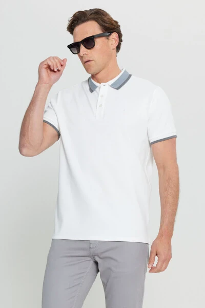 Cotton Slim Fit Narrow Cut Polo Neck Stretch White T-shirt - 5