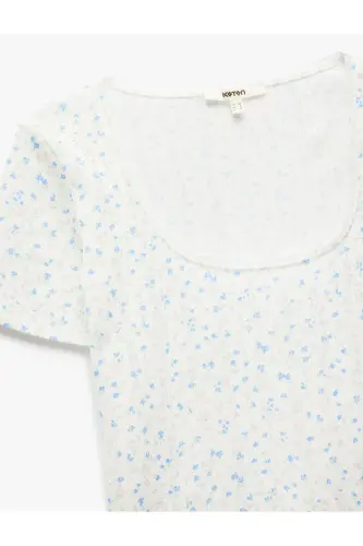 Cotton Slim Fit Ribbed U-Neck Short Sleeve Floral - 5