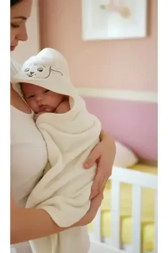 Cotton Soft Unisex Newborn-Baby Bath Swaddle Towel Cream/ Lamb-Cream - 6