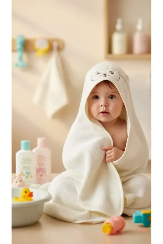 Cotton Soft Unisex Newborn-Baby Bath Swaddle Towel Cream/ Lamb-Cream - PAMUK HANIM