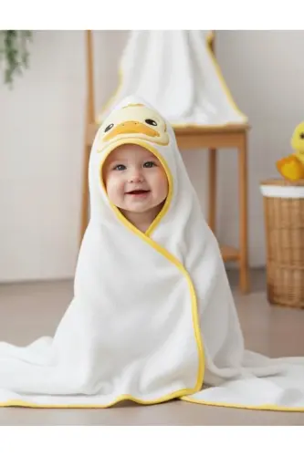 Cotton Soft Unisex Newborn/Baby Bath Swaddle Towel Yellow/Duck-WHITE - PAMUK HANIM (1)
