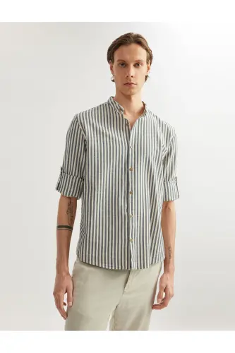 Cotton Striped Regular Fit Long Sleeve Mandarin Collar - 1