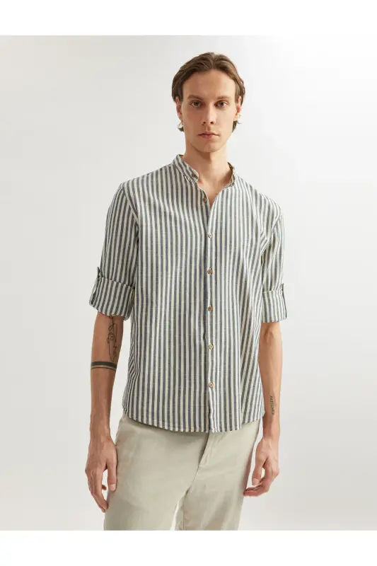 Cotton Striped Regular Fit Long Sleeve Mandarin Collar - KOTON