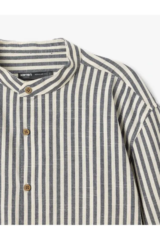 Cotton Striped Regular Fit Long Sleeve Mandarin Collar - 5