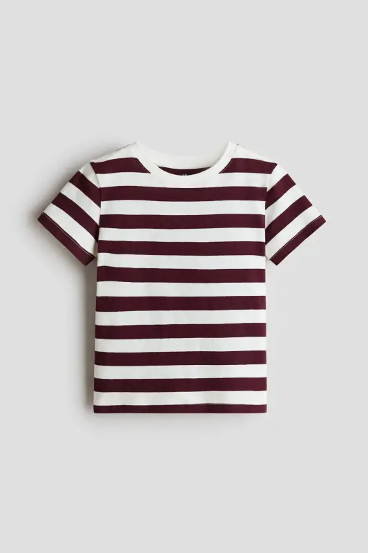 Cotton T-Shirt - White/Dark Red Striped - 1