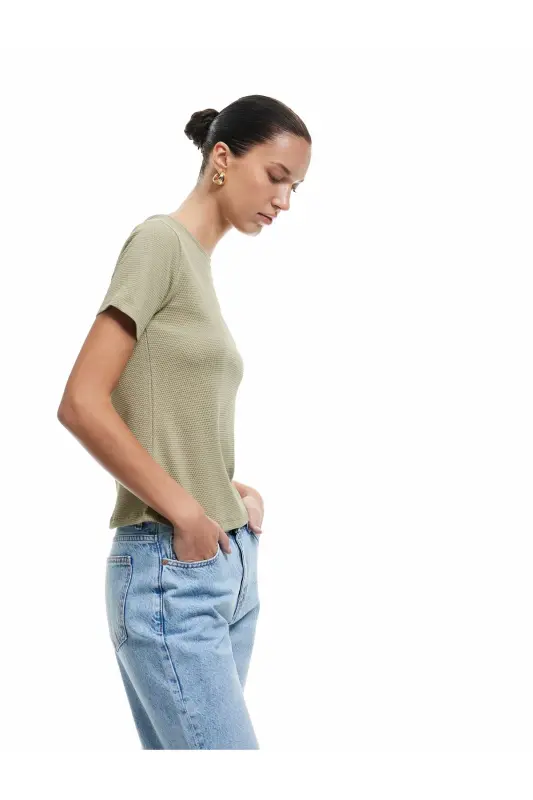 Cotton Textured Crew Neck Short Sleeve T-Shirt - 2