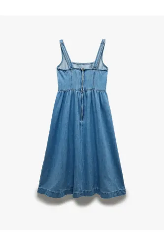 Cotton Thick Strap Zippered Square Neck Denim Midi Dress - 4