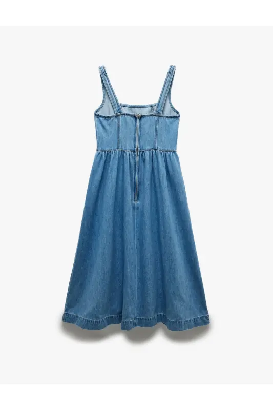 Cotton Thick Strap Zippered Square Neck Denim Midi Dress - 4