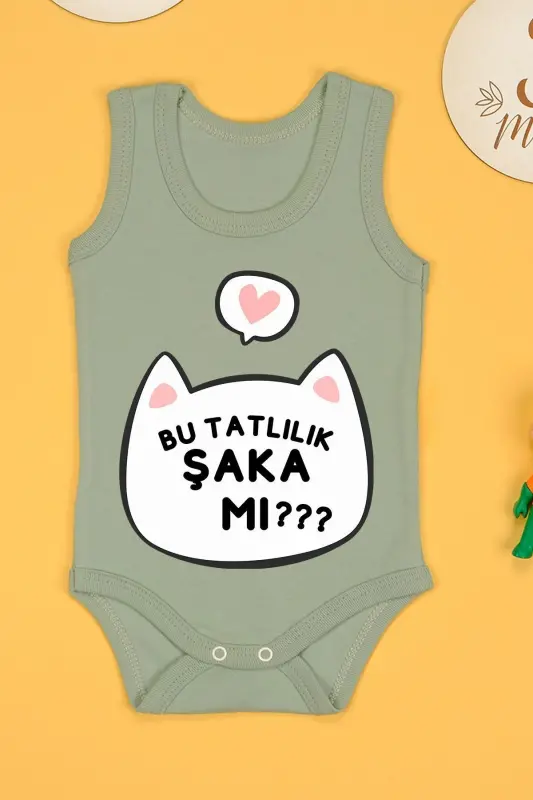 Cotton This Sweetness Joke Is It Printed Snap Bodysuit Romper-Khaki - 2