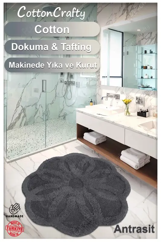 Cotton Tufting Absorbent Bath Mat, Bath Rug LOTUS 120 x 120 CM ANTHRACITE-Anthracite - 3