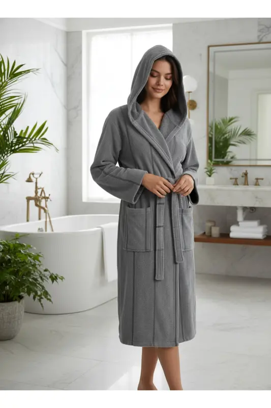 Cotton Velvet Hooded Unisex Anthracite Robe-An - 1