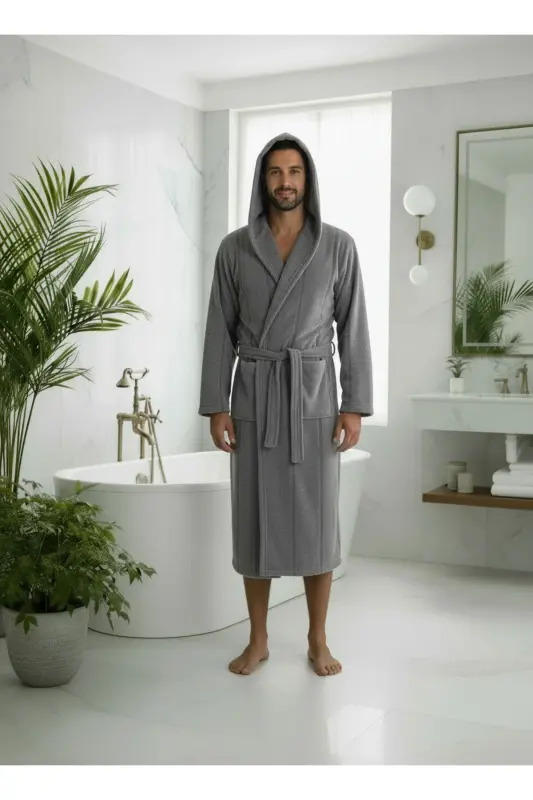 Cotton Velvet Hooded Unisex Anthracite Robe-An - 2