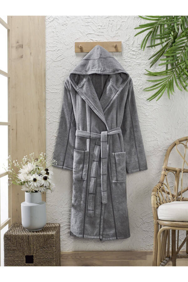 Cotton Velvet Hooded Unisex Anthracite Robe-An - 1