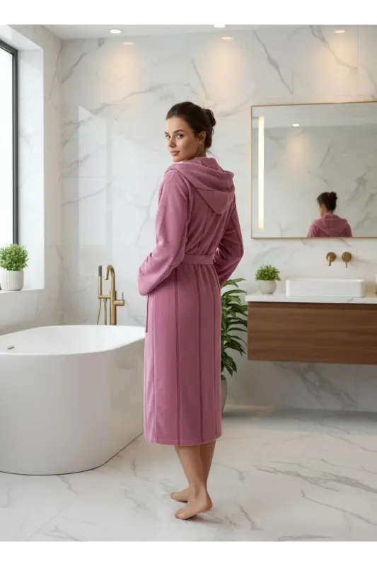 Cotton Velvet Hooded Unisex Burgundy Robe-burgundy - 3