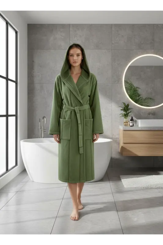 Cotton Velvet Hooded Unisex Green Bathrobe - 4