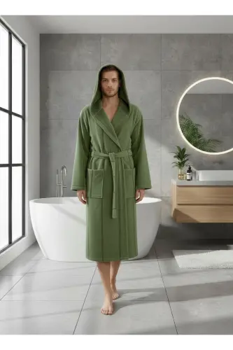 Cotton Velvet Hooded Unisex Green Bathrobe - 5