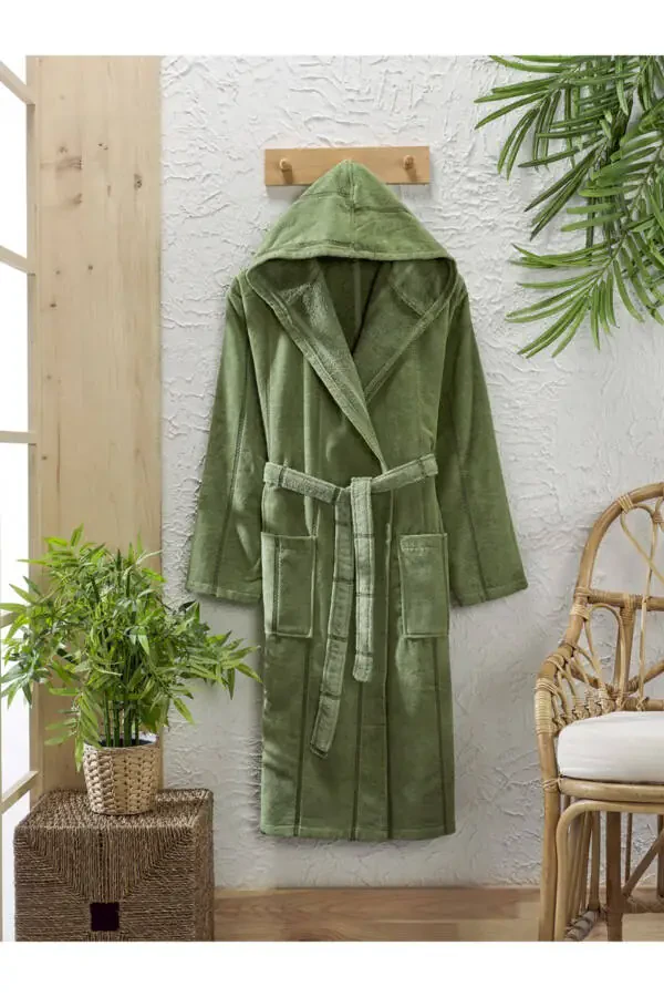 Cotton Velvet Hooded Unisex Green Bathrobe - 1