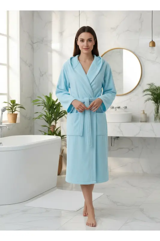Cotton Velvet Hooded Unisex Mint Robe-Mint - 4