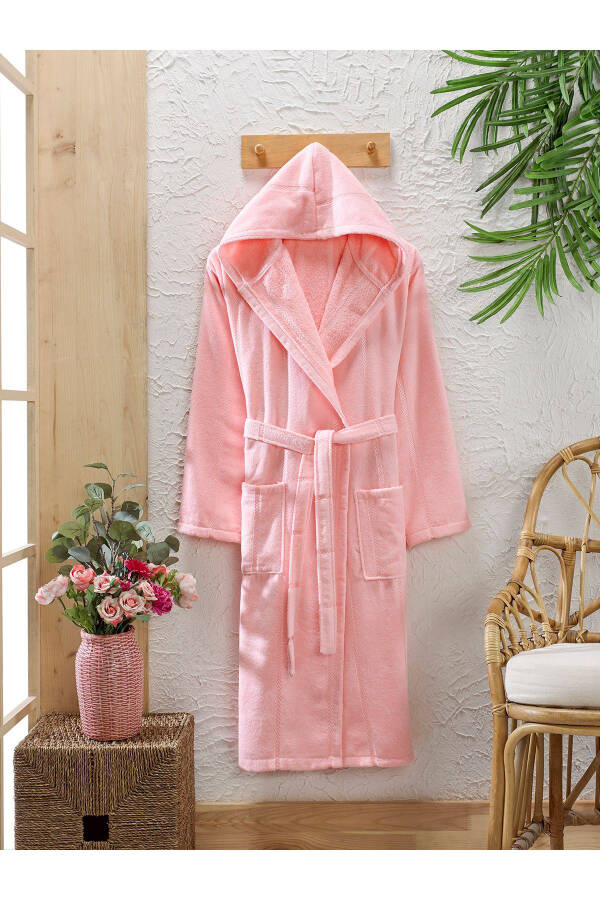 Cotton Velvet Hooded Unisex Powder Bathrobe - 7