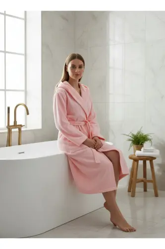 Cotton Velvet Hooded Unisex Powder Bathrobe - 3
