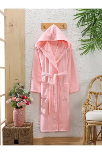 Cotton Velvet Hooded Unisex Powder Bathrobe - 4