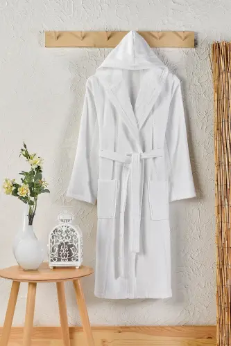 Cotton Velvet Hooded Unisex Robe - White 