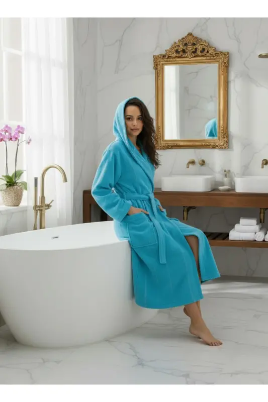 Cotton Velvet Hooded Unisex Turquoise Robe-Turquoise - 4