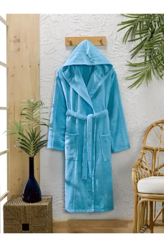Cotton Velvet Hooded Unisex Turquoise Robe-Turquoise - 1