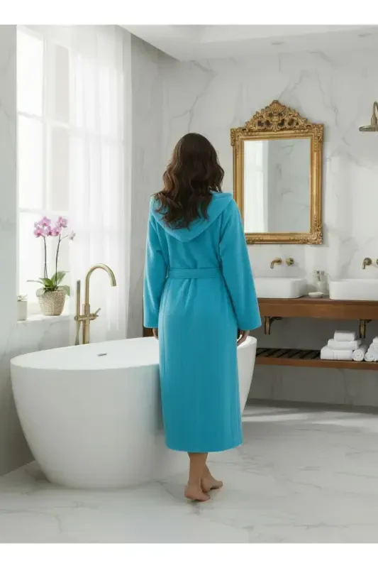 Cotton Velvet Hooded Unisex Turquoise Robe-Turquoise - 5