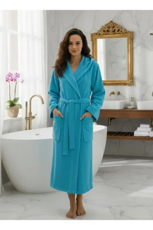Cotton Velvet Hooded Unisex Turquoise Robe-Turquoise - 6