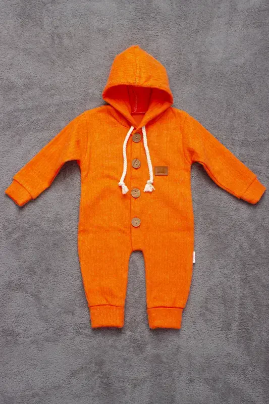 Cotton Wooden Buttoned Hooded Ribbed Style Hat Baby Romper-ORANGE - 1