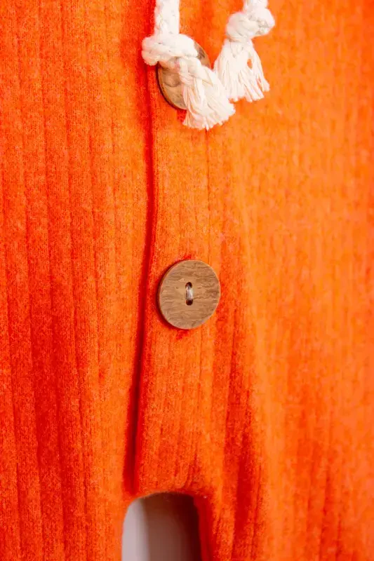 Cotton Wooden Buttoned Hooded Ribbed Style Hat Baby Romper-ORANGE - 3