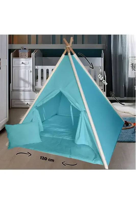 Cotton Wooden Children's Play Tent House Indian Tent Anti-Fall-Turquoise - 1