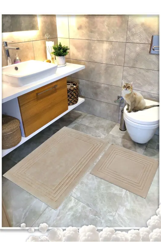 Cotton Woven Absorbent Bath Mat Set, Bath Rug Vera 2 Pcs Set 60x100 - 60x50-beige - 2