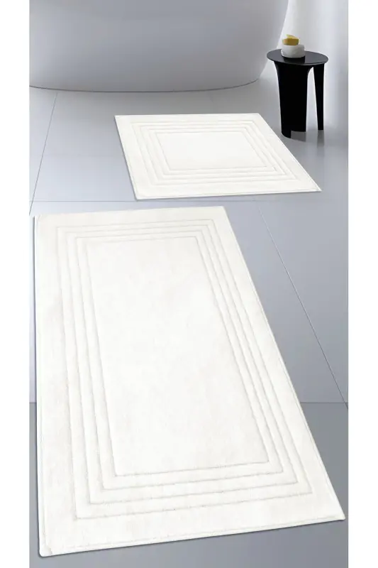 Cotton Woven Water Absorbent Bath Mat Set, Bath Rug Vera 2 Pcs Set 60x100 - 60x50 CREAM - Cream - 1