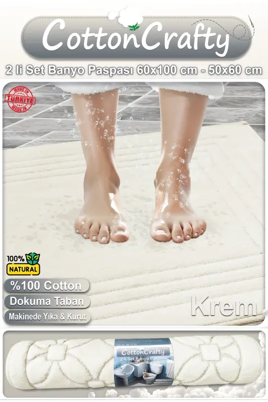 Cotton Woven Water Absorbent Bath Mat Set, Bath Rug Vera 2 Pcs Set 60x100 - 60x50 CREAM - Cream - 2