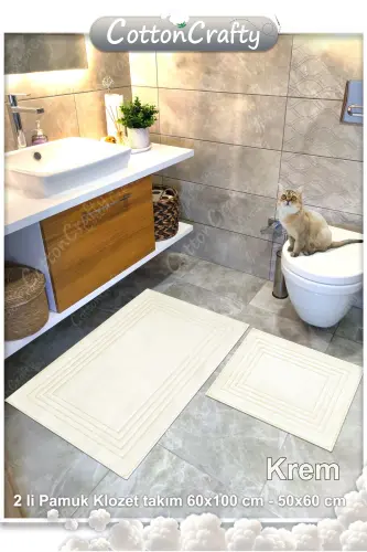 Cotton Woven Water Absorbent Bath Mat Set, Bath Rug Vera 2 Pcs Set 60x100 - 60x50 CREAM - Cream - 3