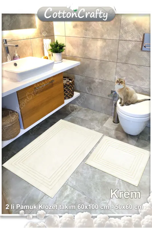 Cotton Woven Water Absorbent Bath Mat Set, Bath Rug Vera 2 Pcs Set 60x100 - 60x50 CREAM - Cream - 3
