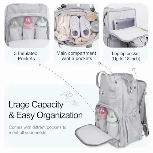 COTTONBEBE Diaper Bag with Changing Pad, Large Baby Bags Backpack with Stroller Straps & Insulated Pockets, Multifunction Waterproof Travel Diapers Back pack for Women & Man, Grey - 2