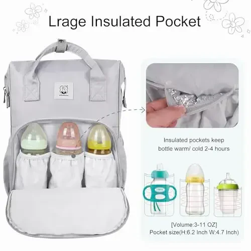 COTTONBEBE Diaper Bag with Changing Pad, Large Baby Bags Backpack with Stroller Straps & Insulated Pockets, Multifunction Waterproof Travel Diapers Back pack for Women & Man, Grey - 4
