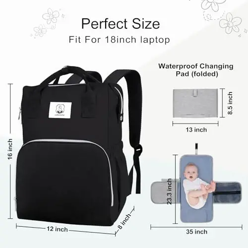 COTTONBEBE Diaper Bag with Changing Pad, Large Baby Bags Backpack with Stroller Straps & Insulated Pockets, Multifunction Waterproof Travel Diapers Back pack for Women & Man, Black - 10