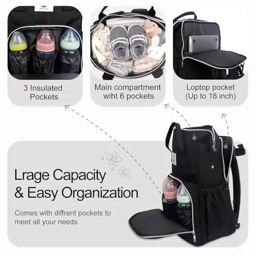 COTTONBEBE Diaper Bag with Changing Pad, Large Baby Bags Backpack with Stroller Straps & Insulated Pockets, Multifunction Waterproof Travel Diapers Back pack for Women & Man, Black - 12