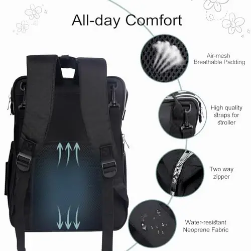 COTTONBEBE Bolalar uchun sumka, Katta bolalar sumkalari orqa sumkasi, Arava tasmasi va izolyatsiyalangan cho'ntaklar bilan, Ayollar va erkaklar uchun ko'p funksiyali suv o'tkazmaydigan sayohat bolalar sumkasi, Qora 